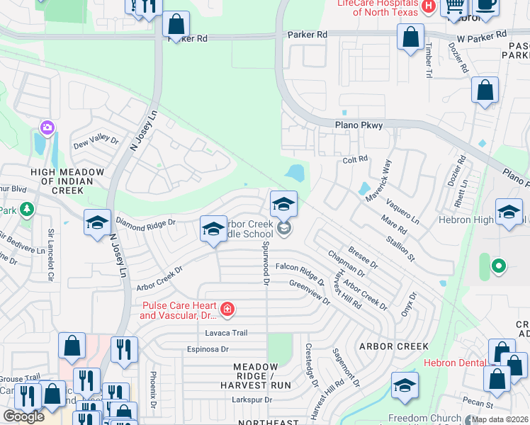 map of restaurants, bars, coffee shops, grocery stores, and more near 4502 Saddlebrook Drive in Carrollton