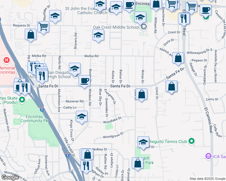 map of restaurants, bars, coffee shops, grocery stores, and more near 1233 Caminito Septimo in Encinitas