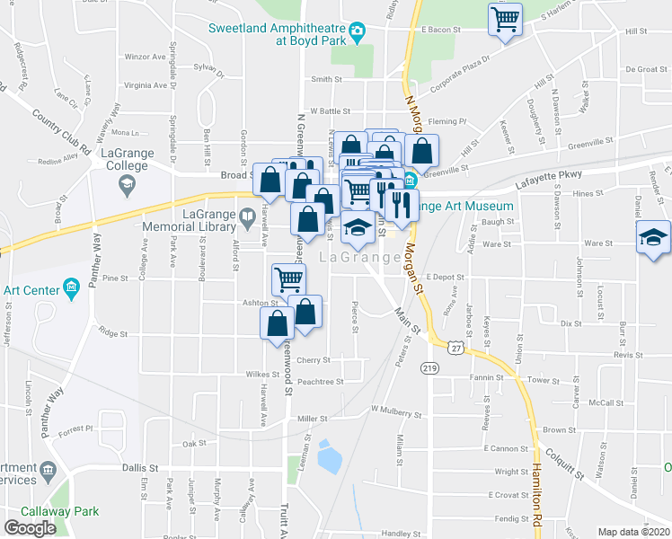 map of restaurants, bars, coffee shops, grocery stores, and more near 313 South Lewis Street in LaGrange