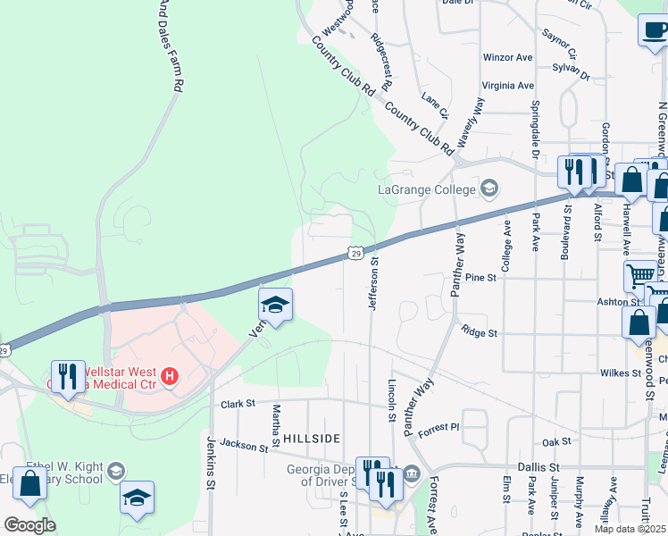 map of restaurants, bars, coffee shops, grocery stores, and more near 1305 Vernon Street in LaGrange
