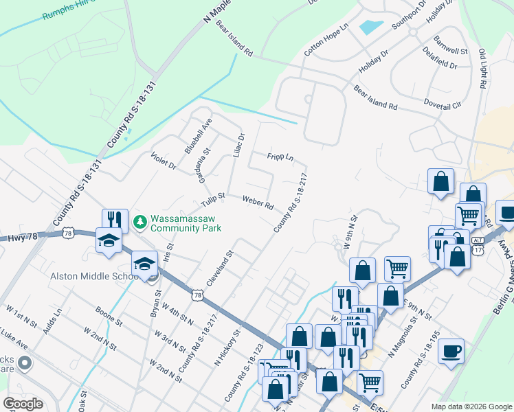map of restaurants, bars, coffee shops, grocery stores, and more near 205 Weber Road in Summerville