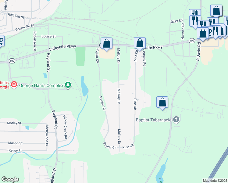 map of restaurants, bars, coffee shops, grocery stores, and more near 134 Mallory Drive in LaGrange