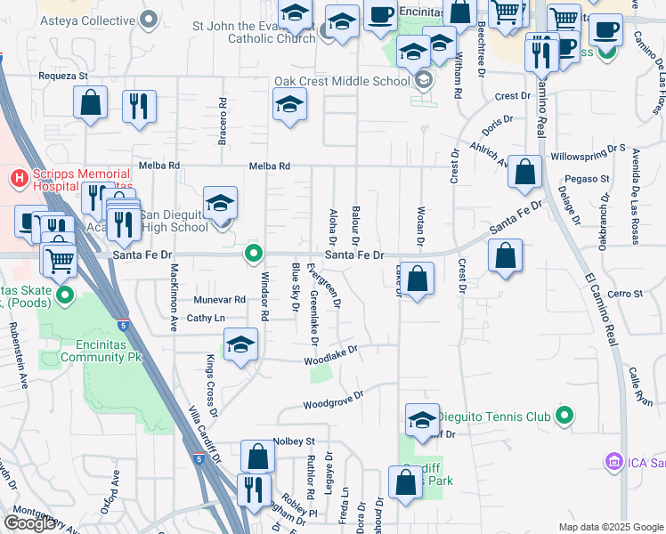map of restaurants, bars, coffee shops, grocery stores, and more near 1233 Caminito Septimo in Encinitas