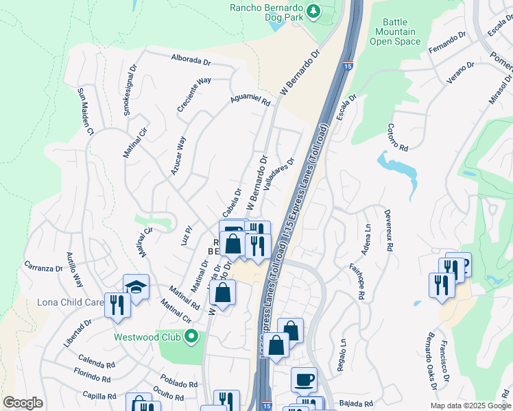 map of restaurants, bars, coffee shops, grocery stores, and more near 17748 Valladares Drive in San Diego