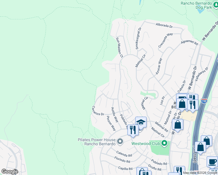 map of restaurants, bars, coffee shops, grocery stores, and more near 17851 Sun Walk Court in San Diego