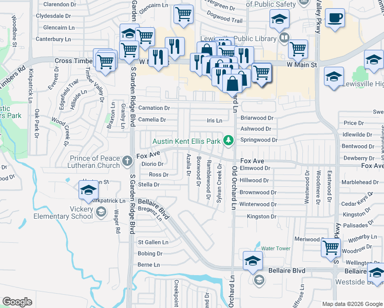 map of restaurants, bars, coffee shops, grocery stores, and more near 812 Boxwood Drive in Lewisville
