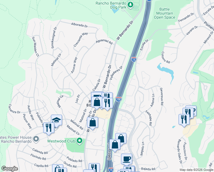 map of restaurants, bars, coffee shops, grocery stores, and more near 17748 Valladares Drive in San Diego