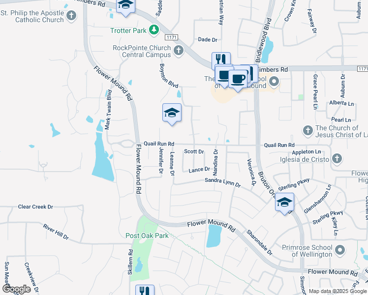 map of restaurants, bars, coffee shops, grocery stores, and more near 4512 Scott Drive in Flower Mound