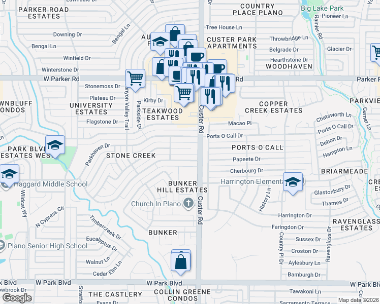 map of restaurants, bars, coffee shops, grocery stores, and more near 2112 Heather Hill Lane in Plano