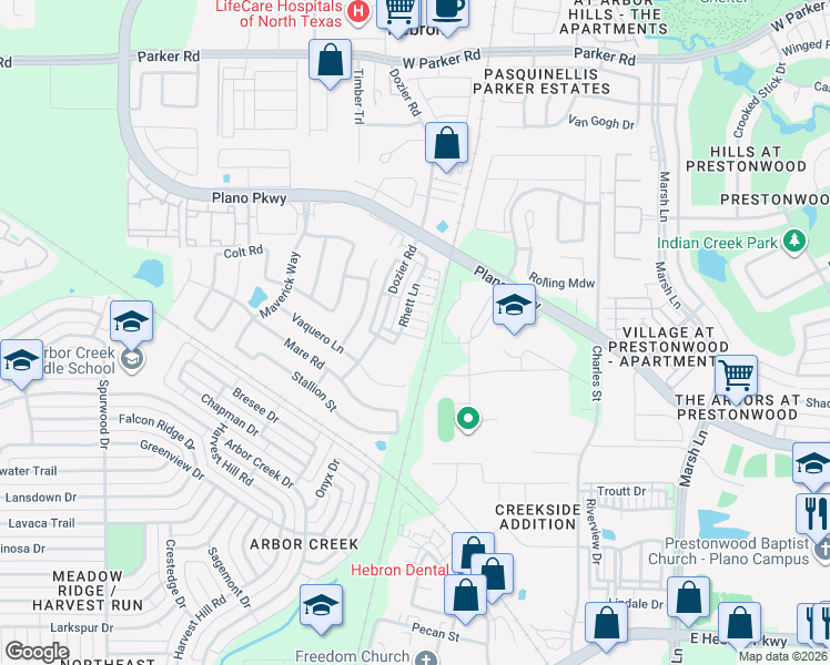 map of restaurants, bars, coffee shops, grocery stores, and more near 4650 Rhett Lane in Carrollton