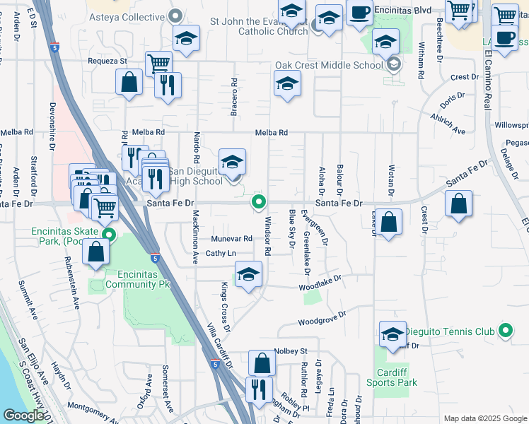 map of restaurants, bars, coffee shops, grocery stores, and more near 891 Santa Fe Drive in Encinitas