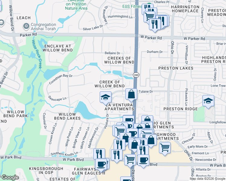 map of restaurants, bars, coffee shops, grocery stores, and more near 5055 Castle Creek Lane in Plano