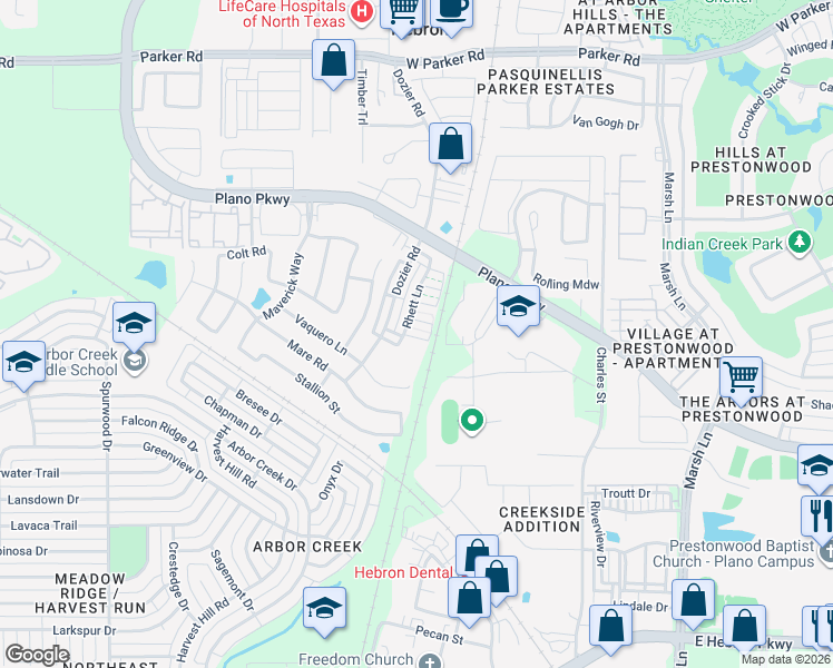 map of restaurants, bars, coffee shops, grocery stores, and more near 4650 Rhett Lane in Carrollton
