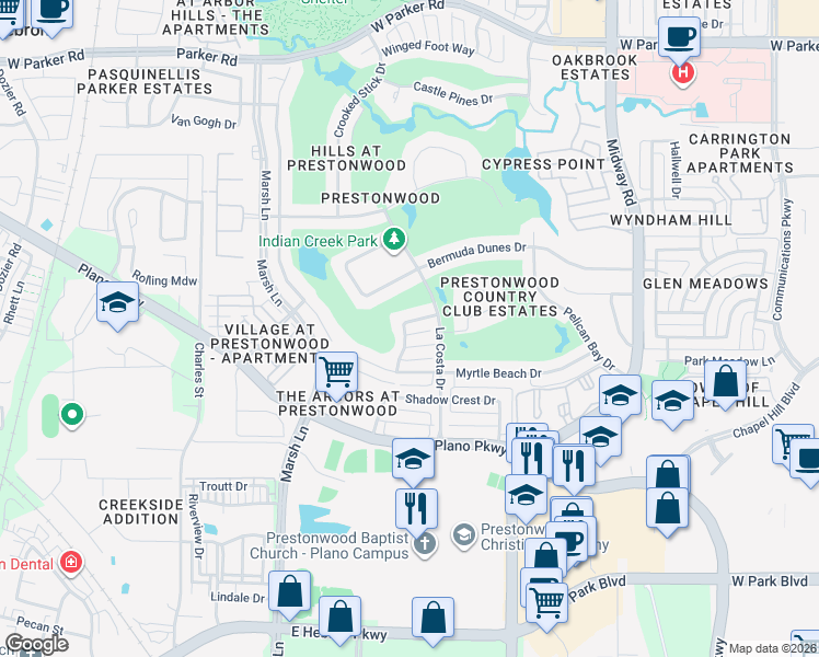 map of restaurants, bars, coffee shops, grocery stores, and more near 6724 Pebble Beach Drive in Plano