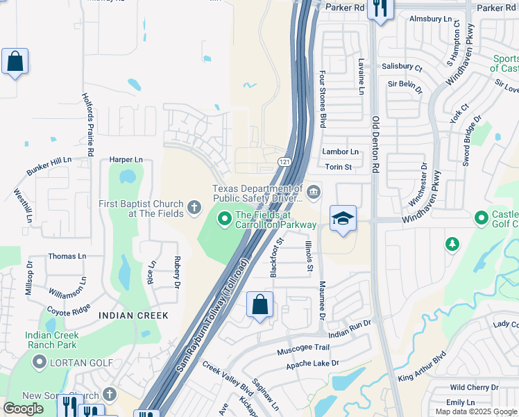 map of restaurants, bars, coffee shops, grocery stores, and more near Texas 121 & Carrollton Parkway in Carrollton