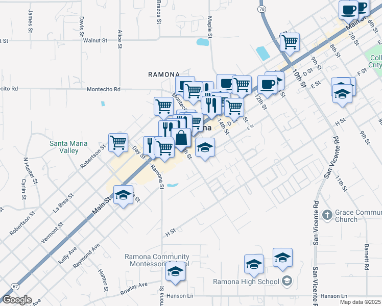 map of restaurants, bars, coffee shops, grocery stores, and more near 406 16th Street in Ramona