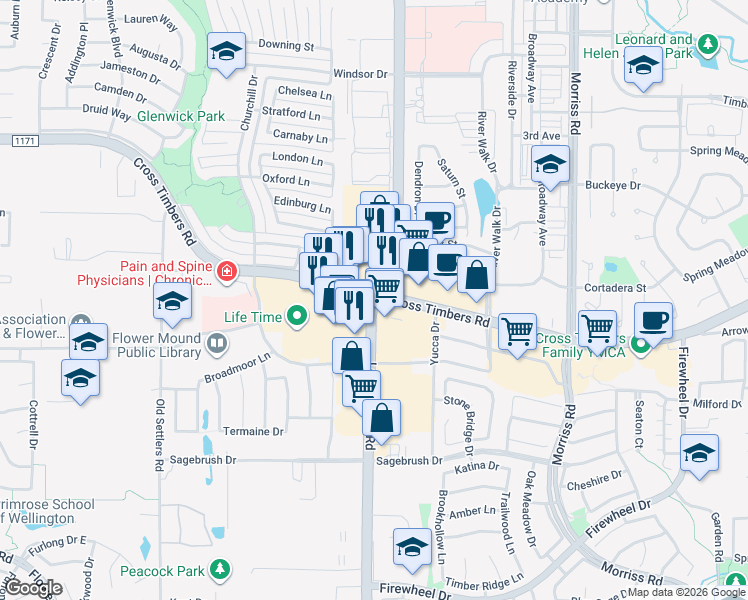 map of restaurants, bars, coffee shops, grocery stores, and more near 2761 Farm to Market 1171 in Flower Mound