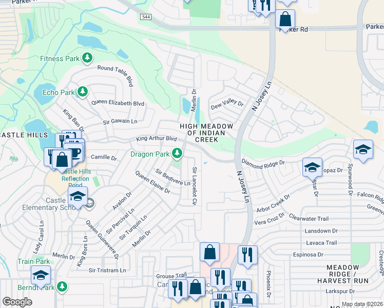 map of restaurants, bars, coffee shops, grocery stores, and more near 1005 Sir Lancelot Circle in Lewisville