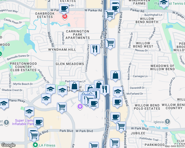 map of restaurants, bars, coffee shops, grocery stores, and more near 2526 Communications Parkway in Plano