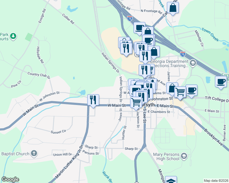 map of restaurants, bars, coffee shops, grocery stores, and more near 62 Indian Springs Drive in Forsyth