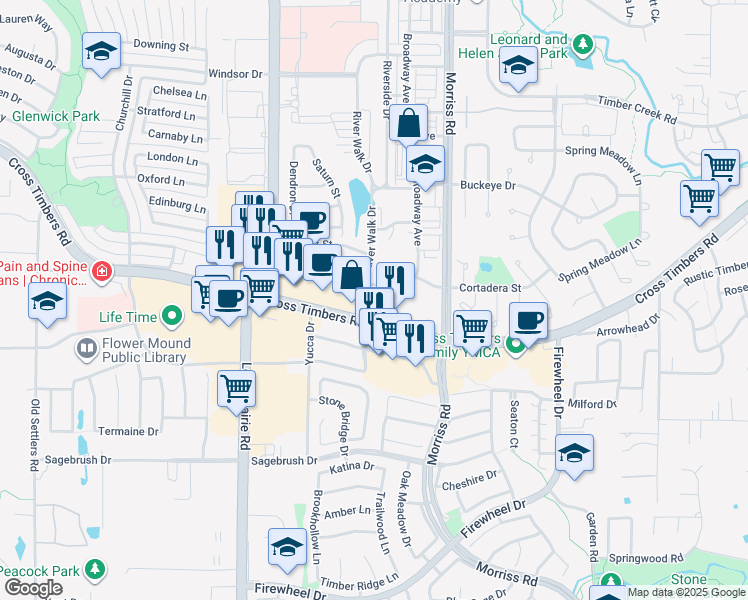 map of restaurants, bars, coffee shops, grocery stores, and more near 3700 Forums Drive in Flower Mound