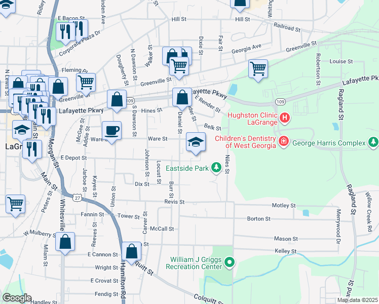 map of restaurants, bars, coffee shops, grocery stores, and more near 1022 East Depot Street in LaGrange