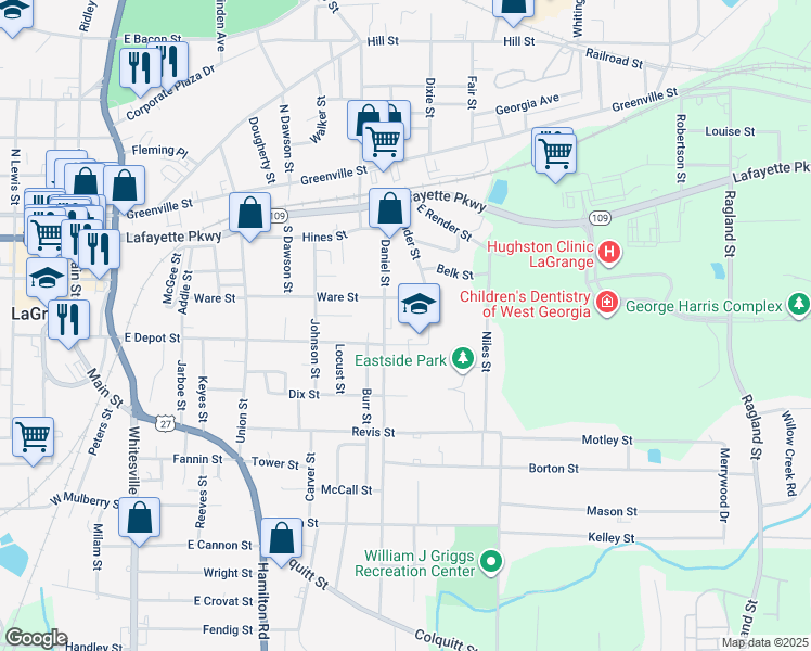 map of restaurants, bars, coffee shops, grocery stores, and more near 1022 East Depot Street in LaGrange