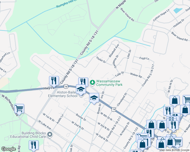 map of restaurants, bars, coffee shops, grocery stores, and more near 111 County Road S-18-765 in Summerville