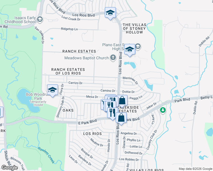 map of restaurants, bars, coffee shops, grocery stores, and more near 4104 Carrizo Drive in Plano