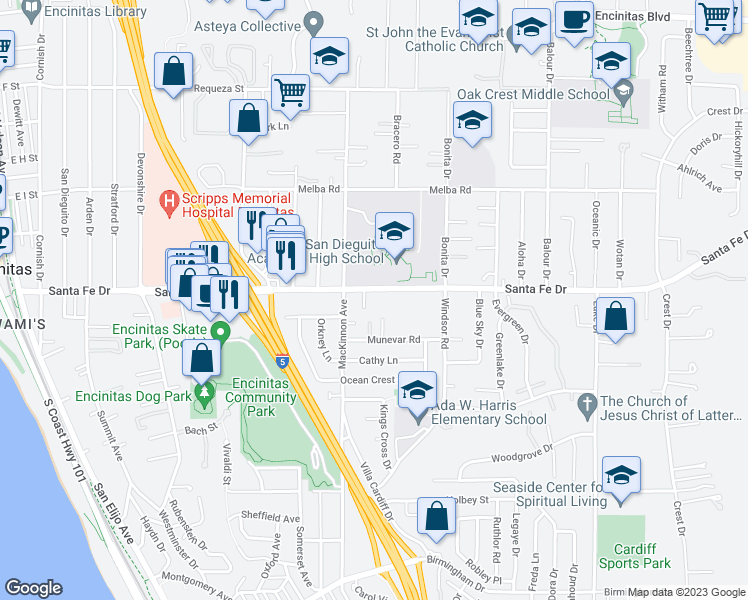 map of restaurants, bars, coffee shops, grocery stores, and more near 777 Santa Fe Drive in Encinitas