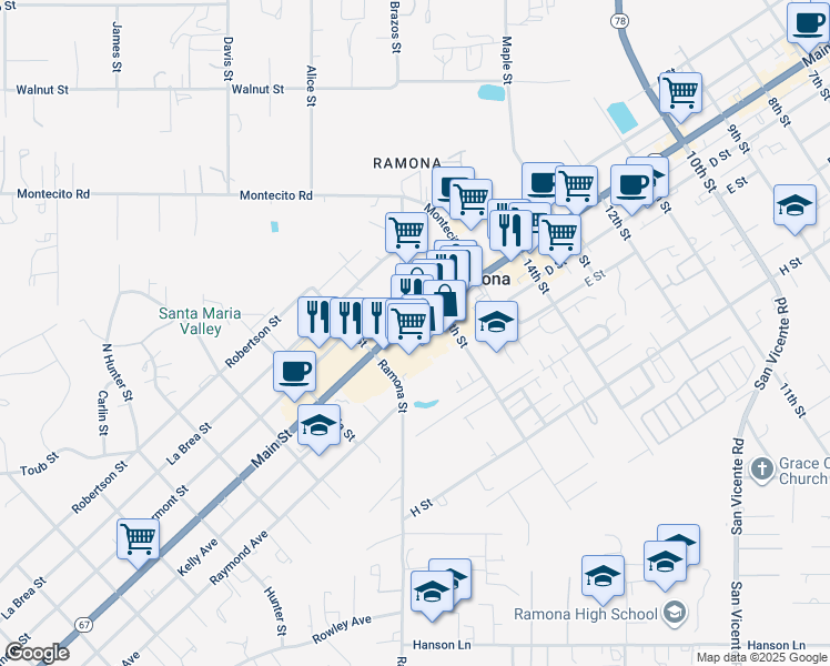 map of restaurants, bars, coffee shops, grocery stores, and more near 1662 Main Street in Ramona