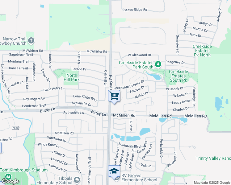 map of restaurants, bars, coffee shops, grocery stores, and more near 1420 McCreary Road in Wylie