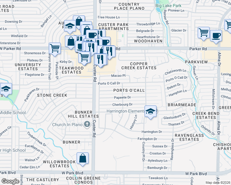 map of restaurants, bars, coffee shops, grocery stores, and more near 1912 Tampico Drive in Plano