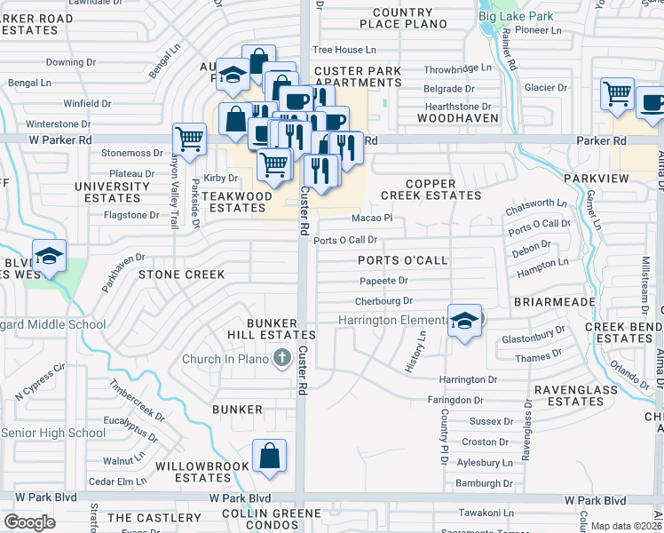 map of restaurants, bars, coffee shops, grocery stores, and more near 2012 Tampico Drive in Plano