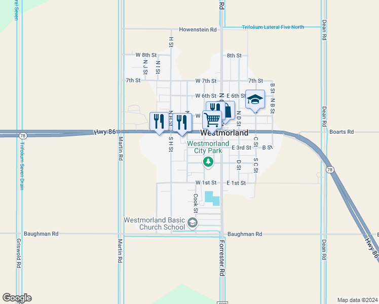 map of restaurants, bars, coffee shops, grocery stores, and more near 298 West 3rd Street in Imperial