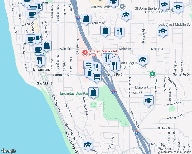map of restaurants, bars, coffee shops, grocery stores, and more near 485 Santa Fe Drive in Encinitas