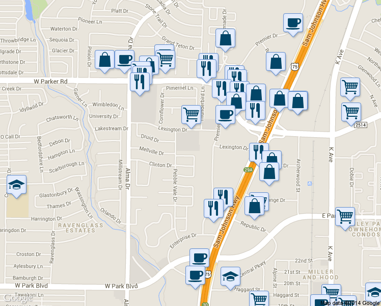 map of restaurants, bars, coffee shops, grocery stores, and more near 809 Ingleside Drive in Plano