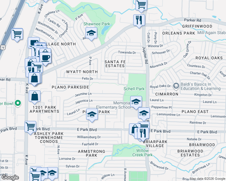 map of restaurants, bars, coffee shops, grocery stores, and more near 1913 Jasmine Lane in Plano