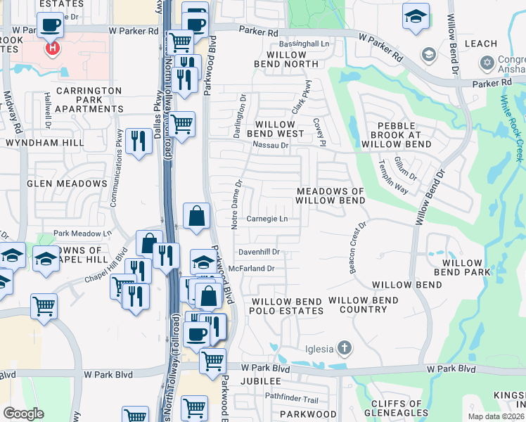 map of restaurants, bars, coffee shops, grocery stores, and more near 2604 Rutgers Court in Plano