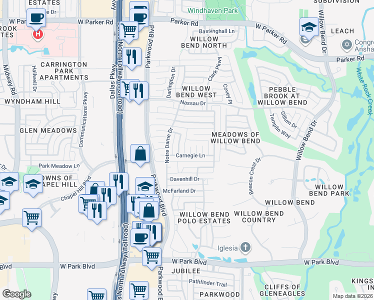 map of restaurants, bars, coffee shops, grocery stores, and more near 2604 Rutgers Court in Plano