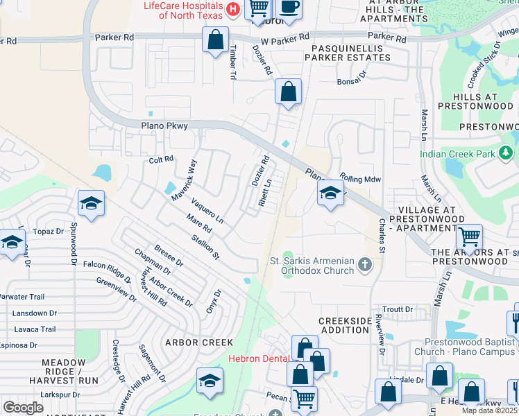 map of restaurants, bars, coffee shops, grocery stores, and more near 4650 Rhett Lane in Carrollton