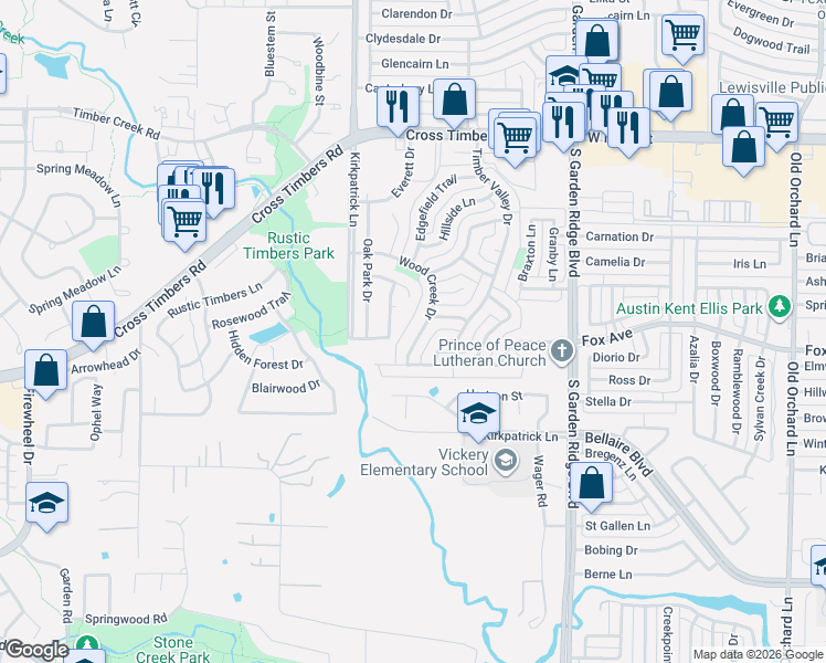 map of restaurants, bars, coffee shops, grocery stores, and more near 1416 Wood Creek Drive in Flower Mound