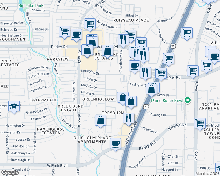 map of restaurants, bars, coffee shops, grocery stores, and more near 809 Ingleside Drive in Plano