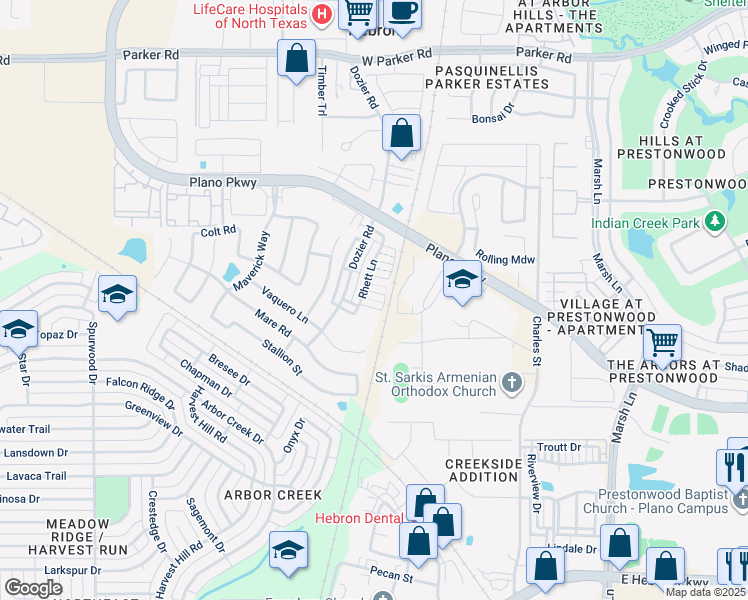 map of restaurants, bars, coffee shops, grocery stores, and more near 4650 Rhett Lane in Carrollton