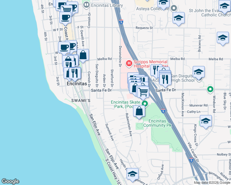 map of restaurants, bars, coffee shops, grocery stores, and more near 275 Santa Fe Drive in Encinitas
