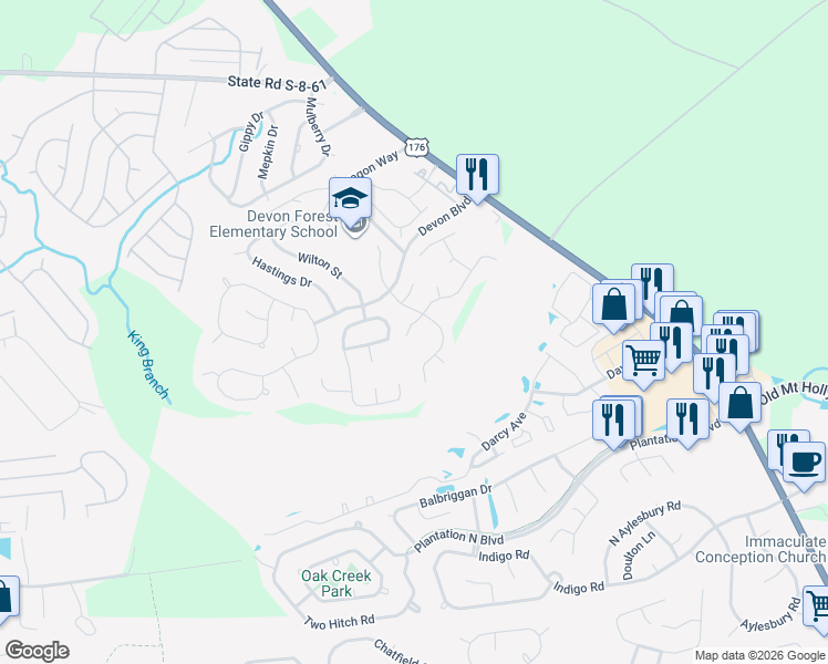 map of restaurants, bars, coffee shops, grocery stores, and more near 505 Stratton Court in Goose Creek