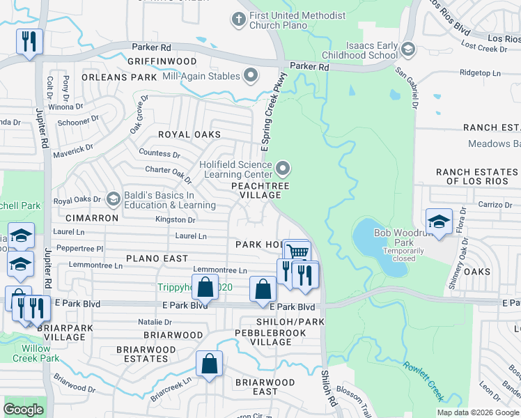 map of restaurants, bars, coffee shops, grocery stores, and more near 2908 Mulberry Lane in Plano