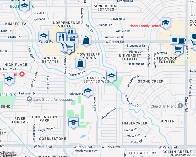 map of restaurants, bars, coffee shops, grocery stores, and more near 2712 Pinehurst Drive in Plano