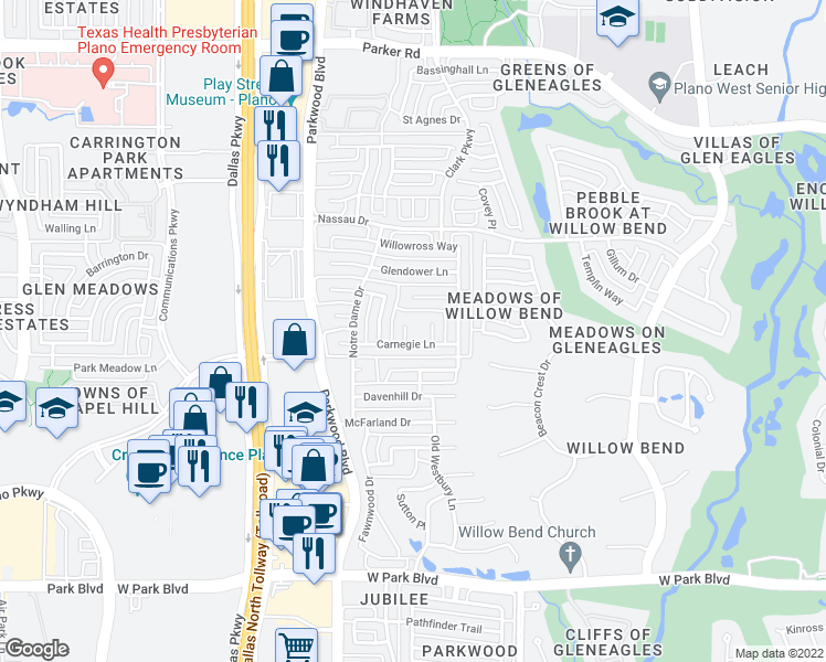 map of restaurants, bars, coffee shops, grocery stores, and more near 2604 Rutgers Court in Plano