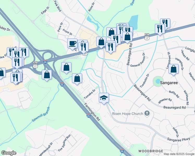 map of restaurants, bars, coffee shops, grocery stores, and more near 119 Tomaka Drive in Summerville